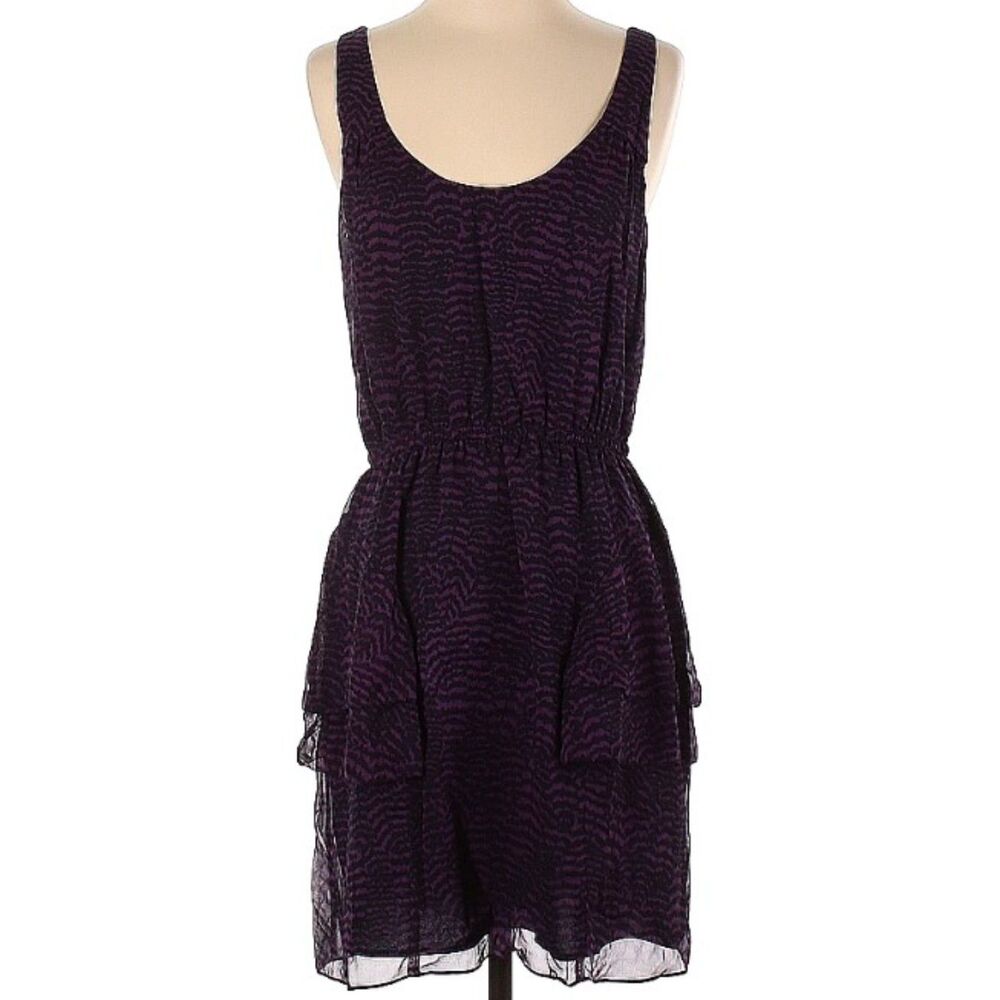 Eliot Purple Stripe 100% Silk Scoop Neck Tiered Ruffle Sleeveless Dress Size 4
